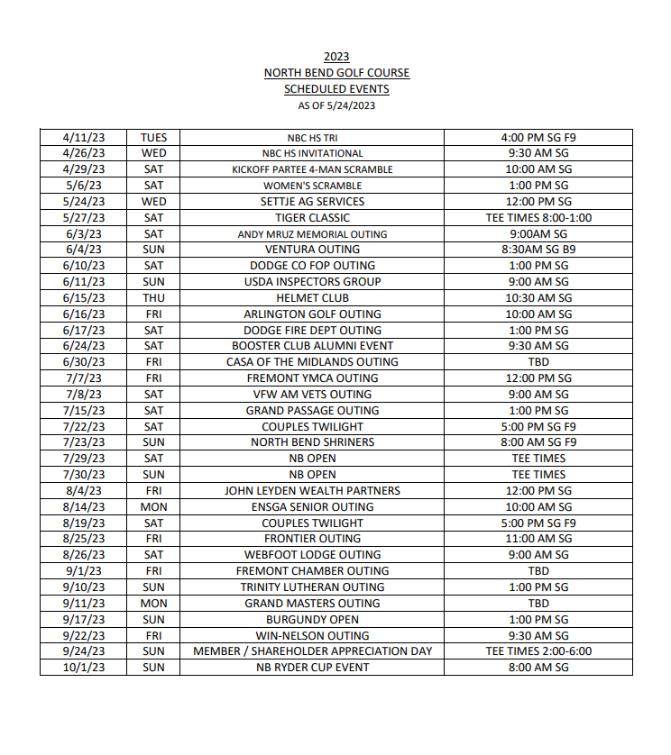 Events North Bend Golf Course