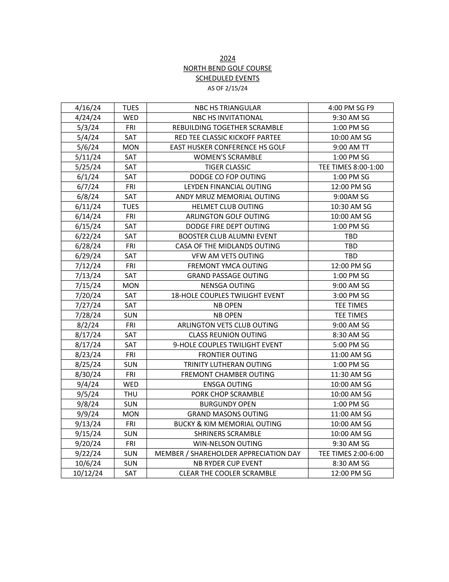 Events - North Bend Golf Course